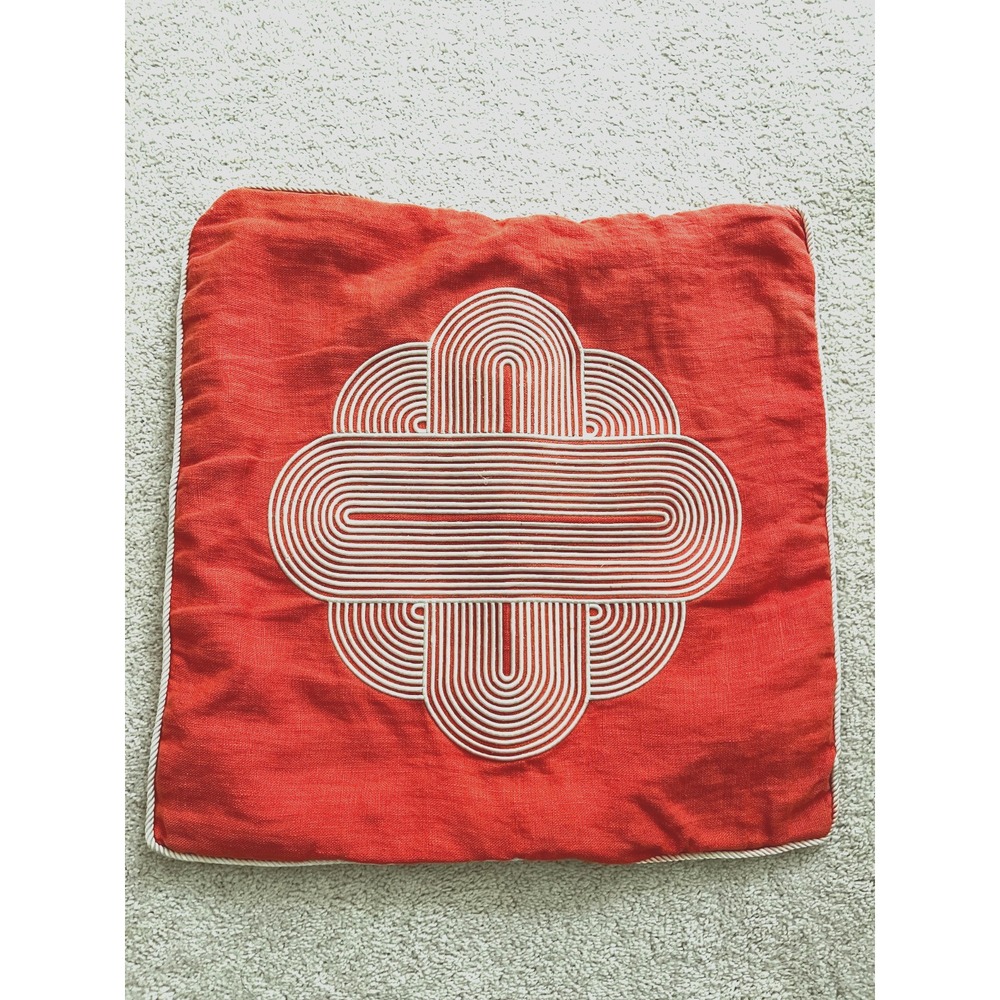 Jonathan Adler Orange Pompidou Linen Embroidered Geometric Pillow Cover 22"x22"